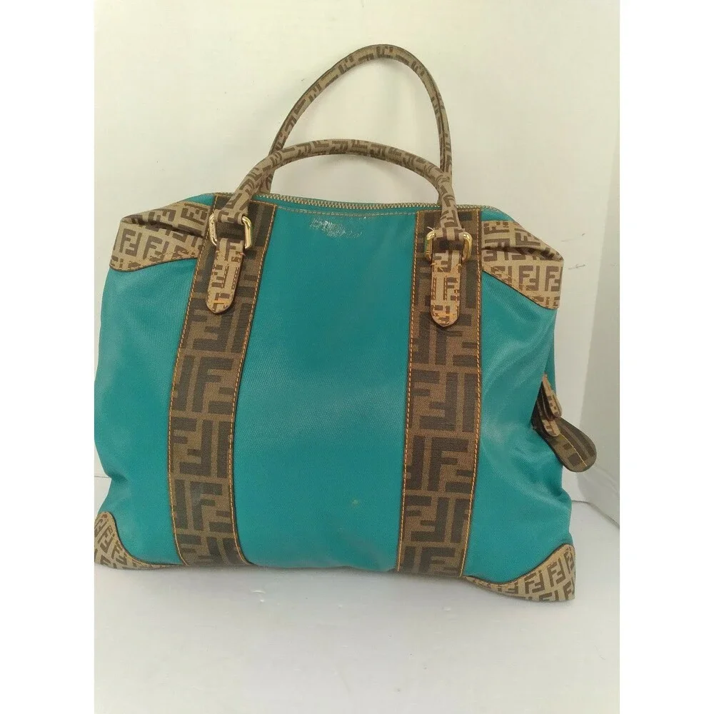 Fendi Monogram Turquoise Leather Tote Bag with FF‎ Pattern Trim Designer Handbag